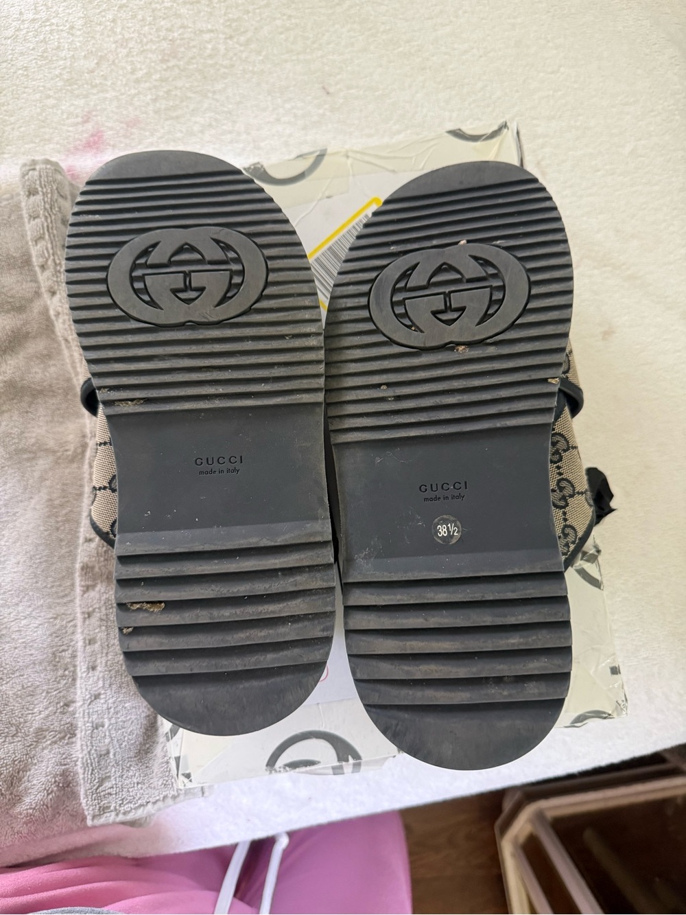 Excellent Preowned Condition Authentic Gucci Monogram Cross-Strap Wedge Slides - Picture 11 of 16